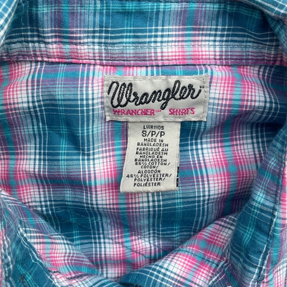 Wrangler Wrancher Womens Blue and Pink Pearl Snap Short Sleeve Top - Picture 3 of 5